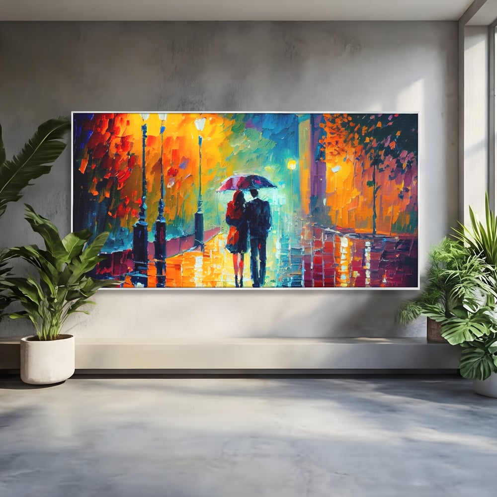 Tablou canvas cu tablou canvas cu indragostiti in ploaie, in rama de aluminiu argintiu